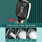 Black shower head with three mode switching options on a teal background