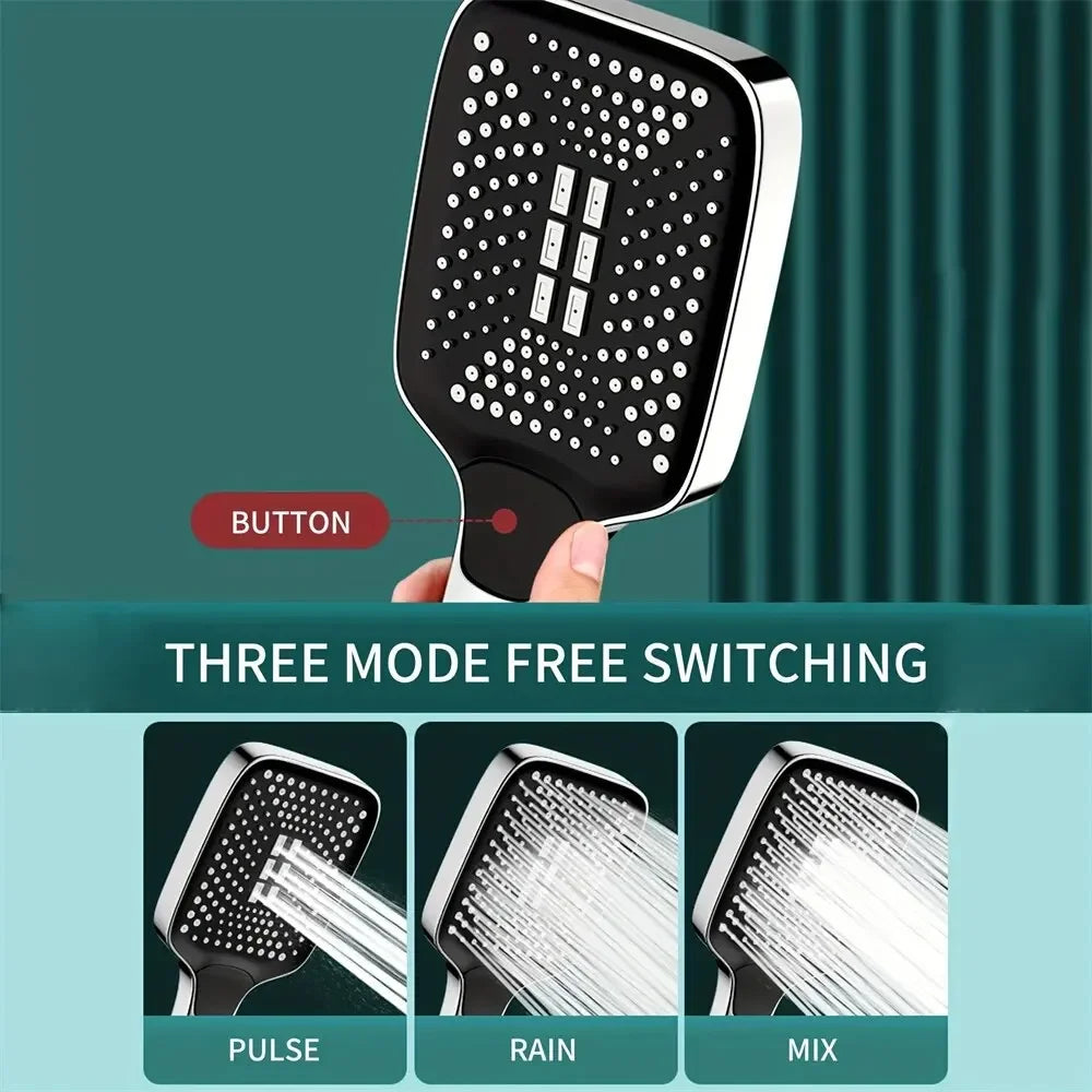 Black shower head with three mode switching options on a teal background