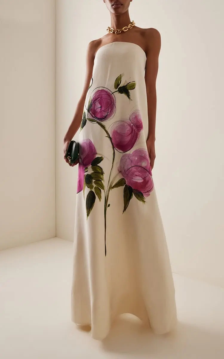 Bandeau Blossom Print Maxi Dress - Sleeveless Party Dress