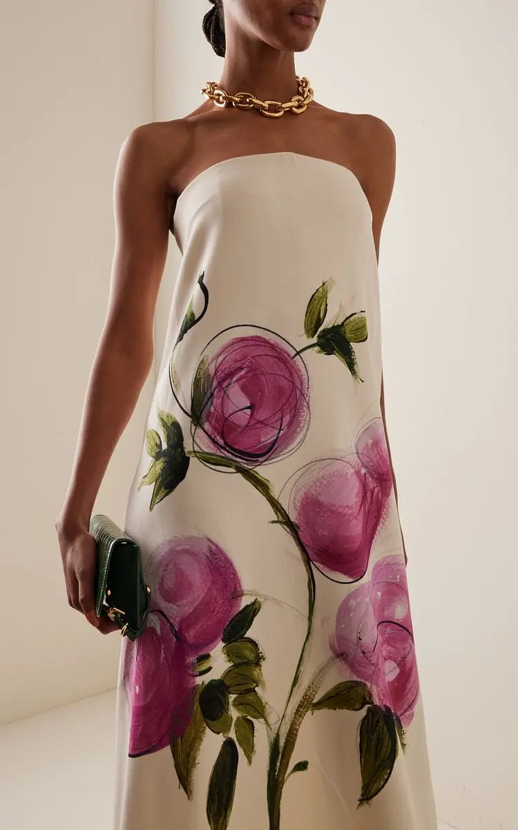 Bandeau Blossom Print Maxi Dress - Sleeveless Party Dress