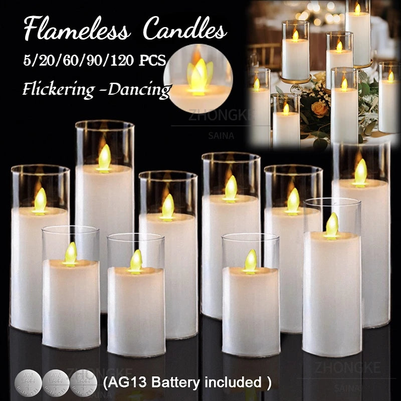 Flameless candles with various quantities displayed on a dark background.