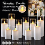 Flameless candles with various quantities displayed on a dark background.