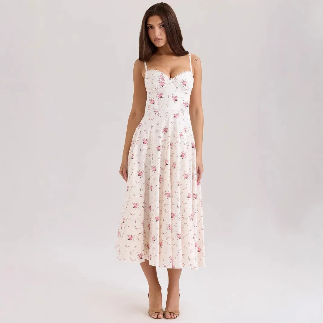 Embroidered Midi Dress - V-Neck Sleeveless with Belt - Cottagecore Style