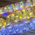 Decorative ribbon with LED lights on a wooden surface
