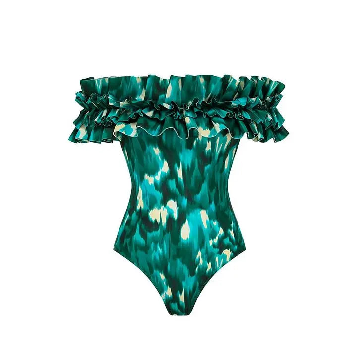 Bandeau Ruffled Swimsuit - Green Blooming Print Beachwear