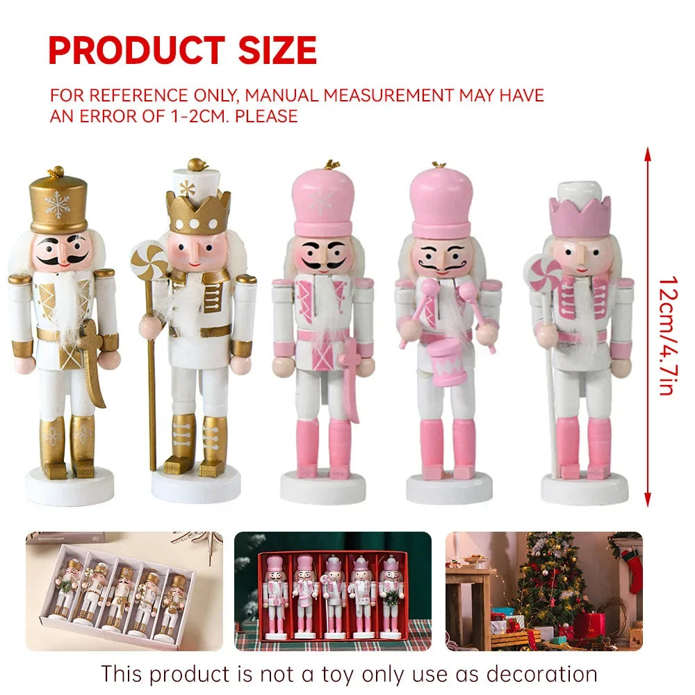 Set of five decorative nutcrackers with measurements and usage instructions.