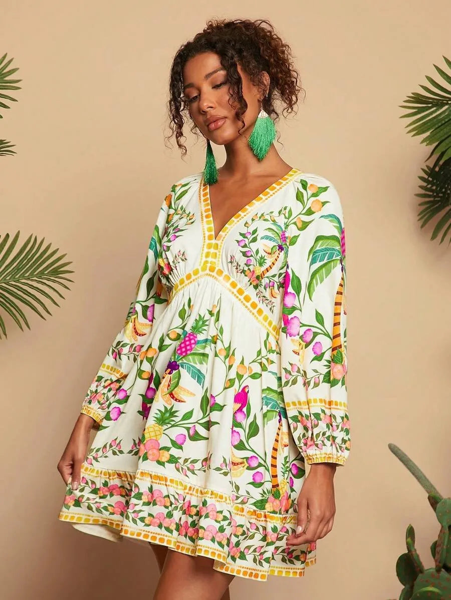 Floral Print V-Neck Midi Dress - 3/4 Sleeve High Waist Boho