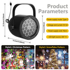 Black LED light projector with product parameters and pattern examples on a white background