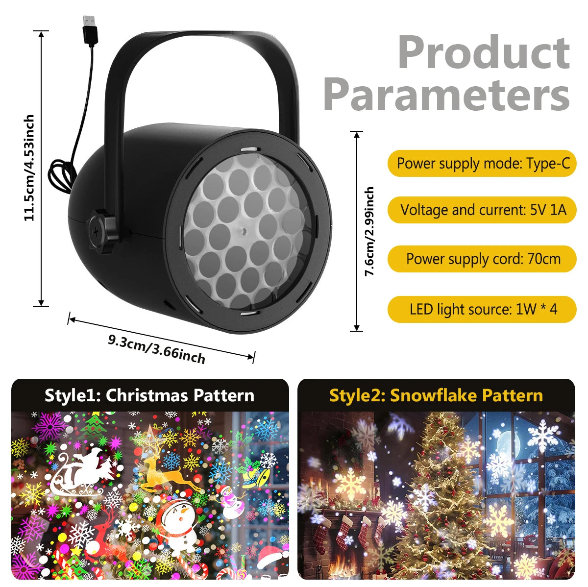 Black LED light projector with product parameters and pattern examples on a white background
