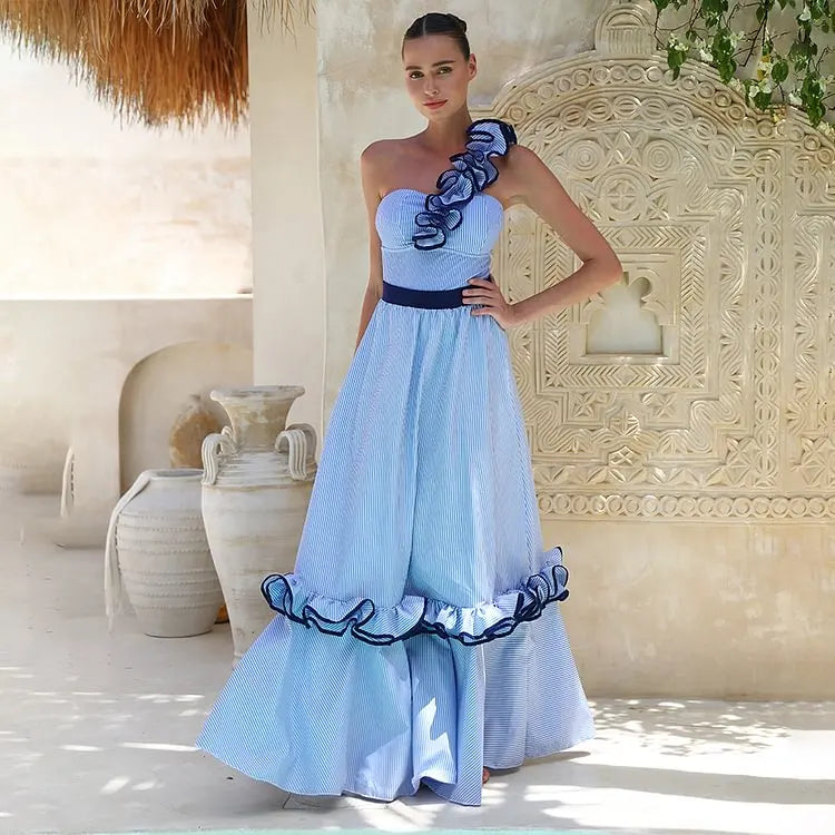 One Shoulder Ruffle Swimsuit - Stripe Print Beachwear