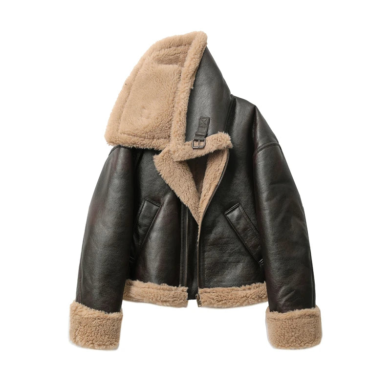Black leather jacket with beige shearling lining on a white background
