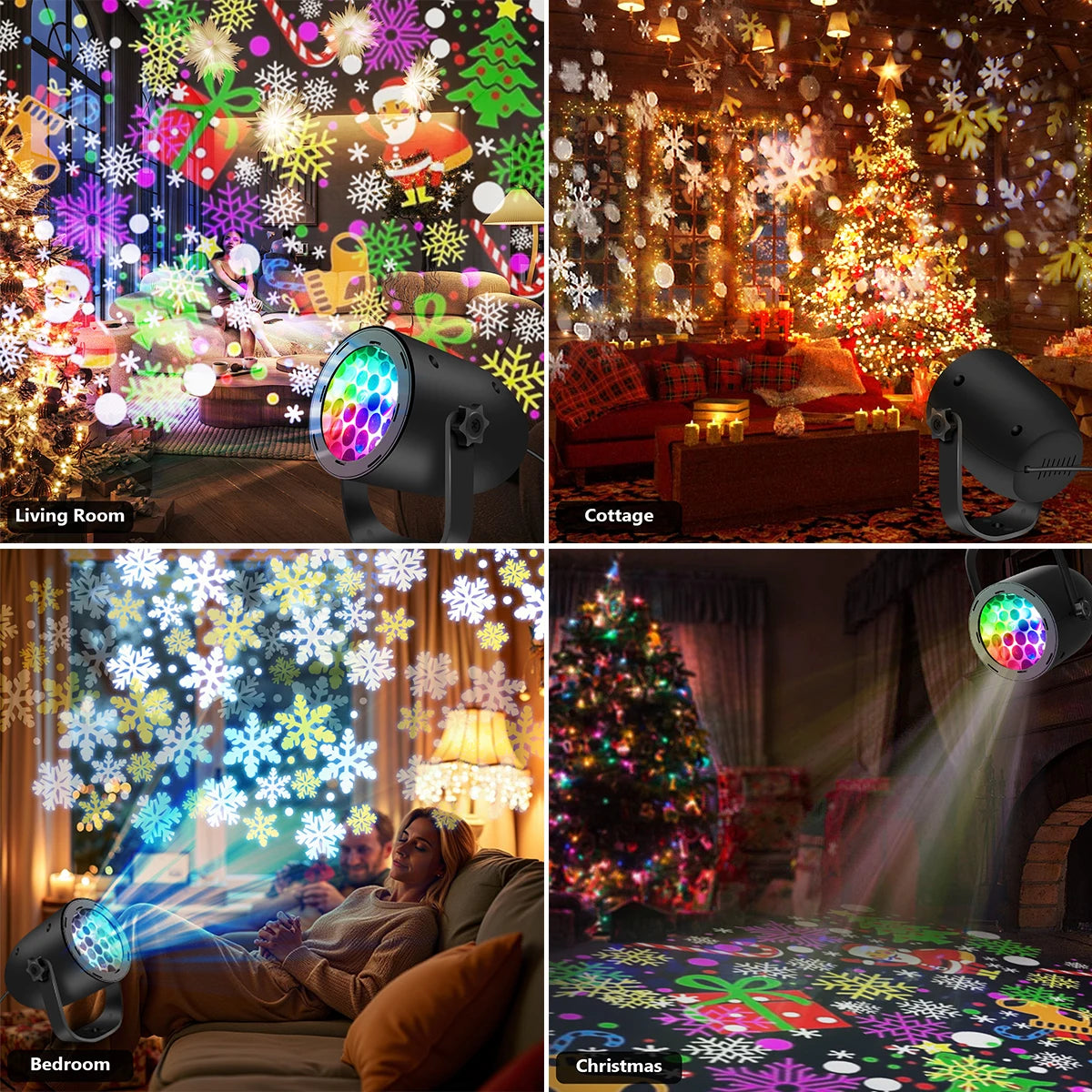 Collage of a colorful light projector in various settings including a living room, cottage, bedroom, and Christmas-themed room.