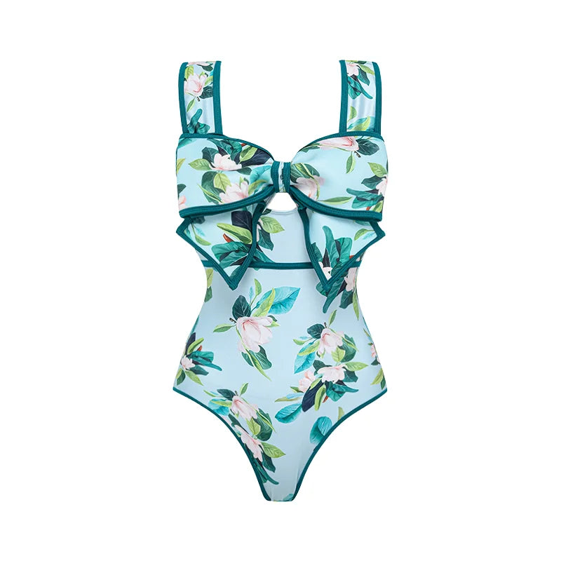 Bow Decor Magnolia Print Swimsuit - Elegant Beachwear