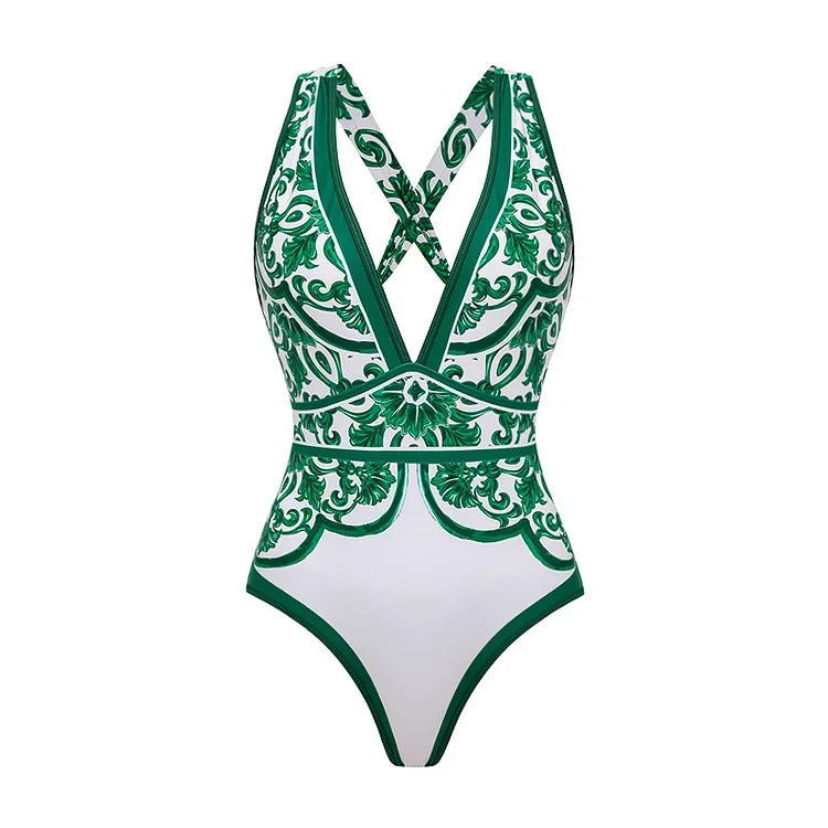 Deep V-Neck Swimsuit - Majolica Print Beachwear