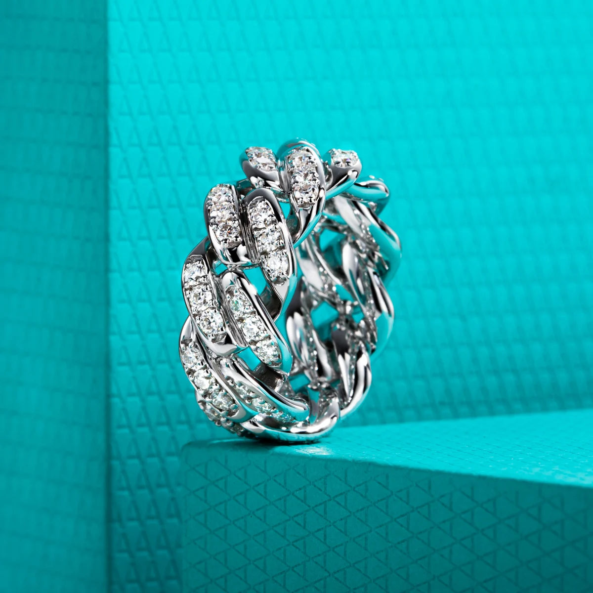 Moissanite Cuban Link Eternity Band - 925 Sterling Silver Unisex Wedding Ring