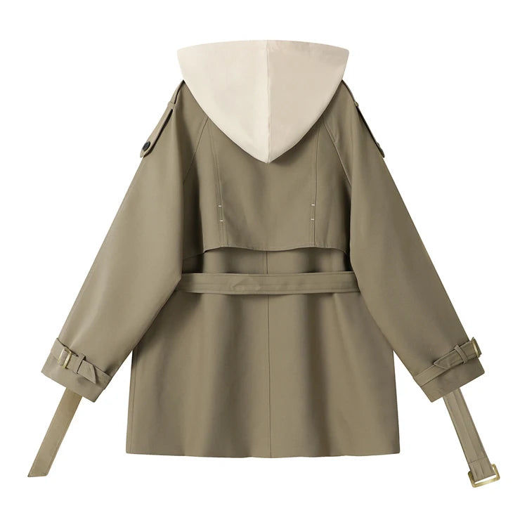 Khaki trench coat with white hood on a white background