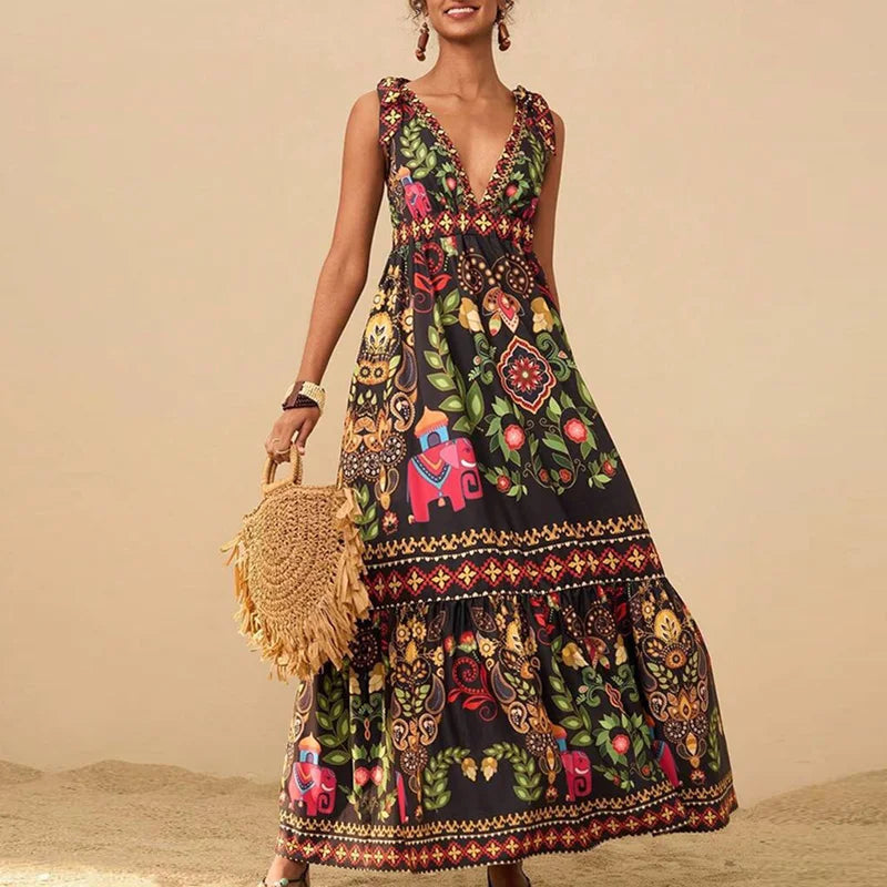 Floral Print Off-Shoulder Maxi Dress - Pleated Sleeveless V-Neck