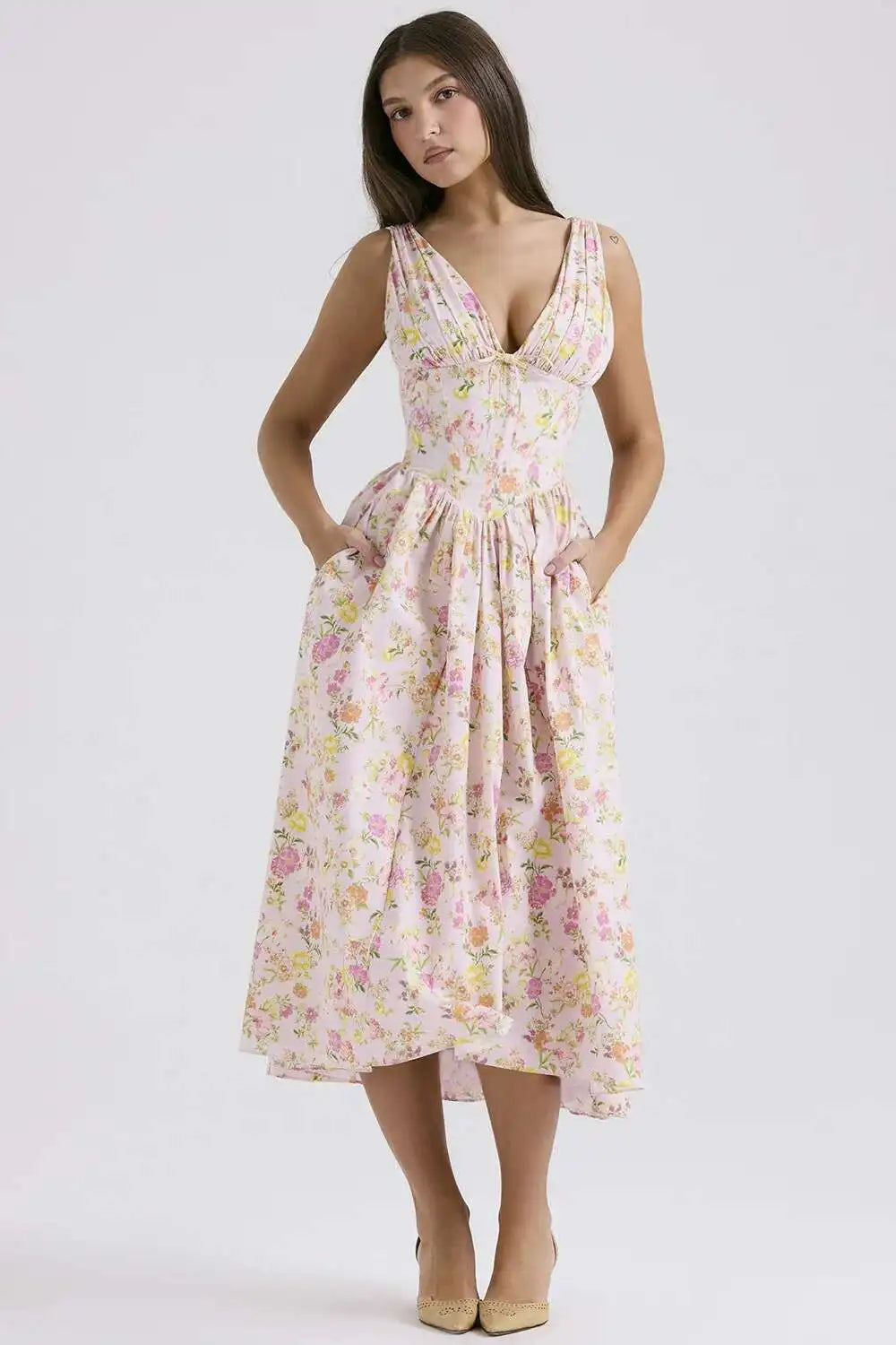 Floral Print Wrap Midi Dress - Spaghetti Strap A-Line - Cottagecore Style