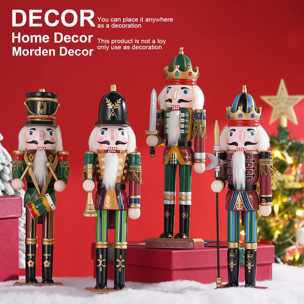 Four decorative nutcrackers with a red background and Christmas tree.
