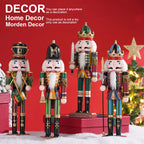 Four decorative nutcrackers with a red background and Christmas tree.