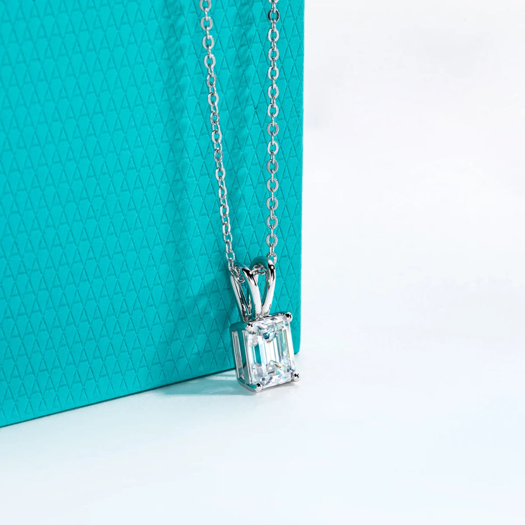Emerald Cut Moissanite Pendant Necklace - 925 Sterling Silver D Color
