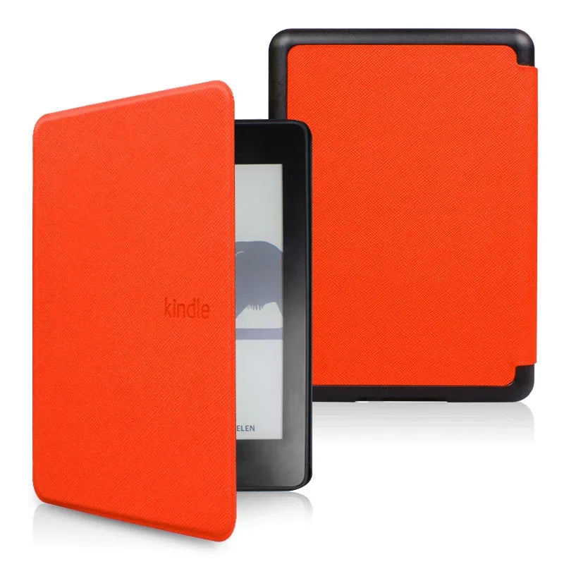 Orange Kindle case with a black screen on a white background
