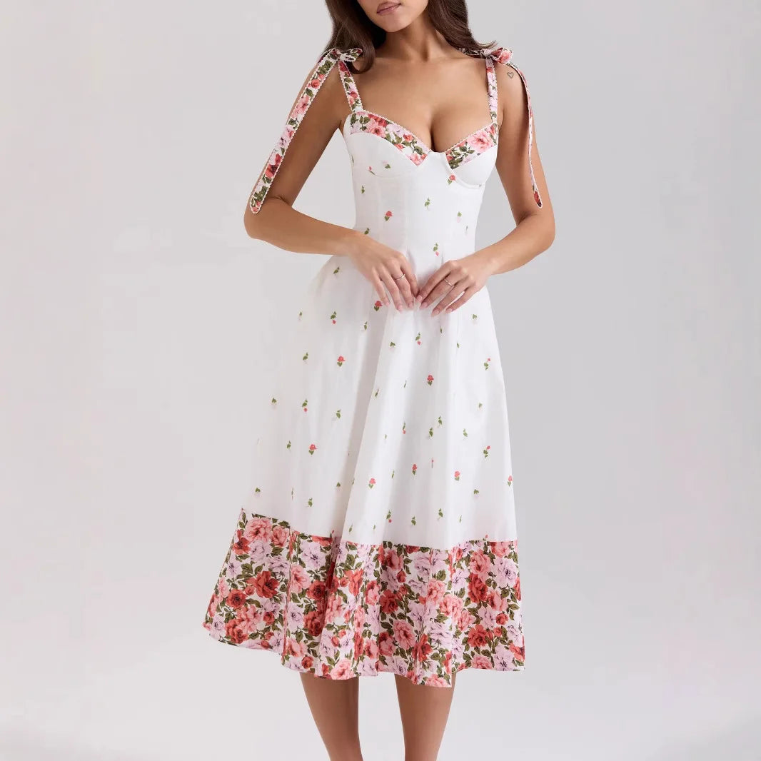 Floral Print Lace-Up Back Midi Dress - Cottagecore Style