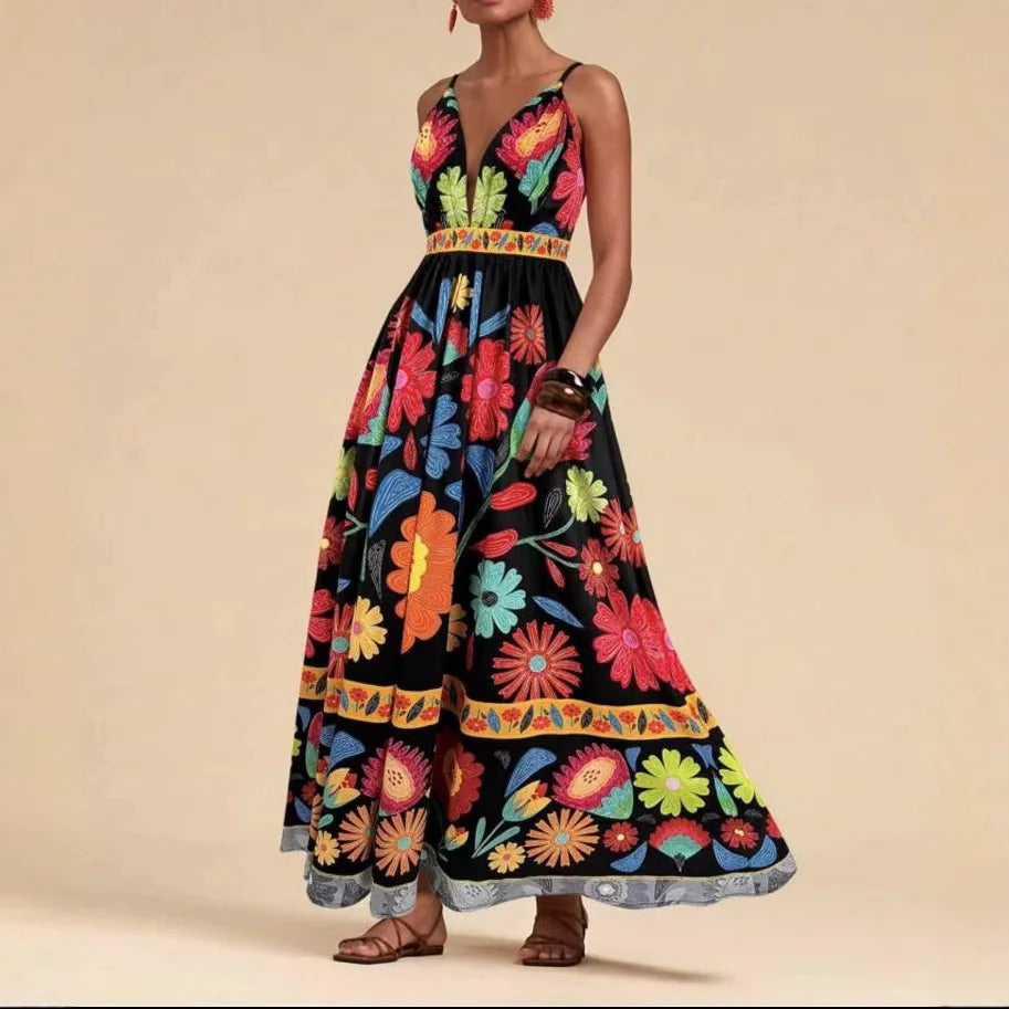 Printed Halter Maxi Dress Set - Bold V-Neck Summer Dress