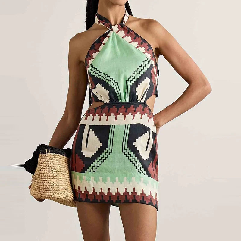 Printed Halter Mini Dress - Lace-Up Backless Bohemian Summer Dress