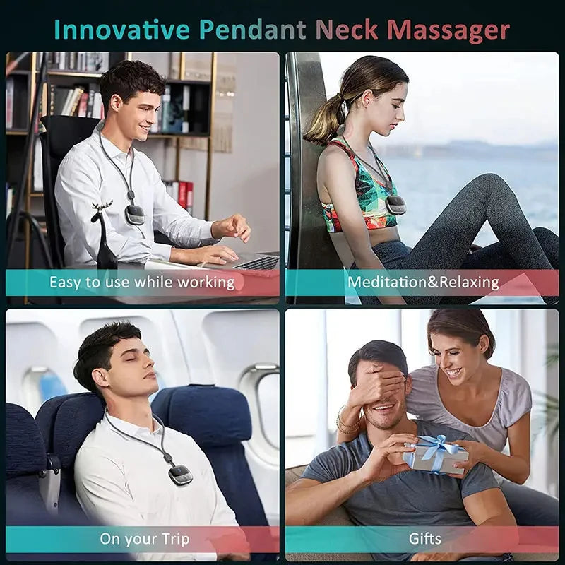 Innovative pendant neck massager with usage scenarios and benefits.