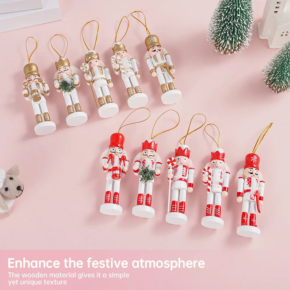 Set of Christmas nutcracker ornaments on a pink background with text about enhancing festive atmosphere.