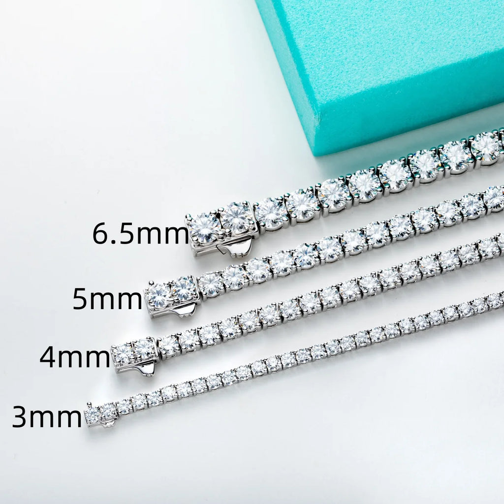 Diamond tennis bracelets of different widths with size labels on a light gray background