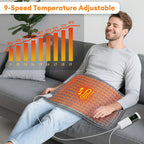 Man using a 9-speed temperature adjustable heating pad on a couch with a temperature chart.