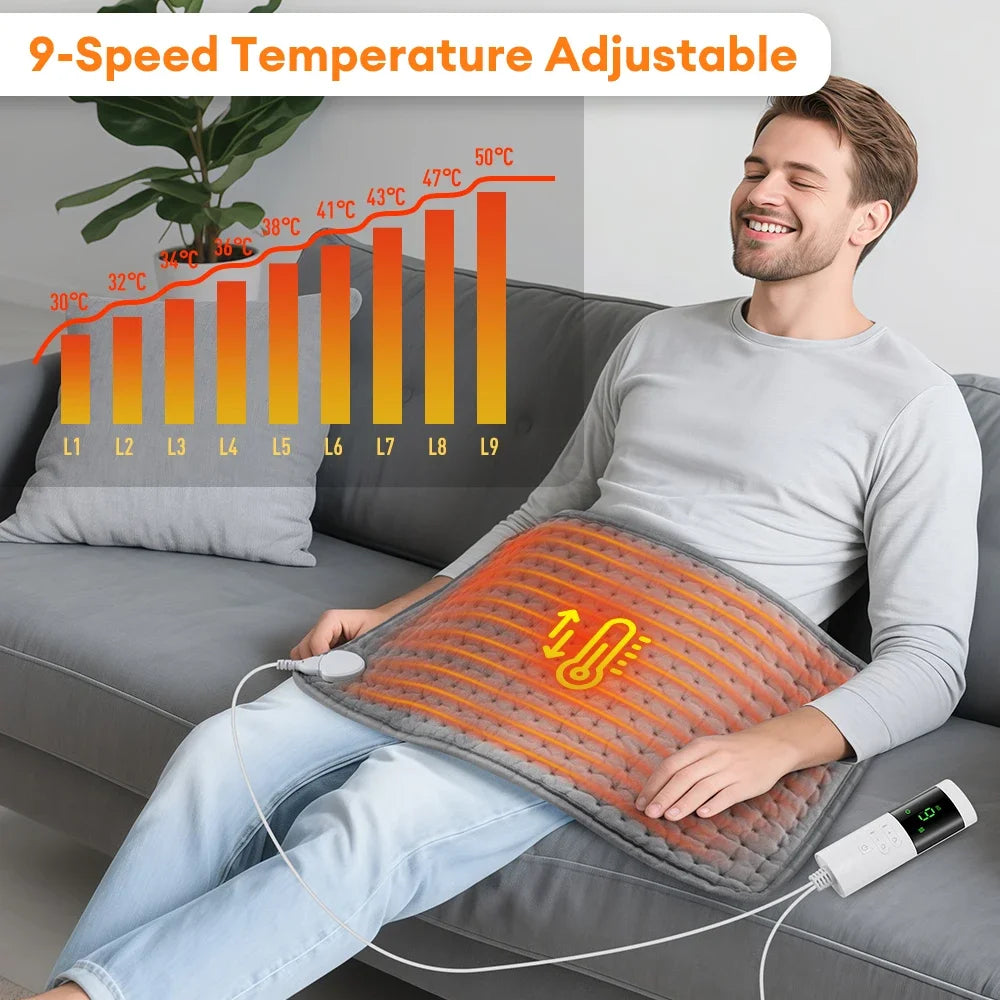 Man using a 9-speed temperature adjustable heating pad on a couch with a temperature chart.