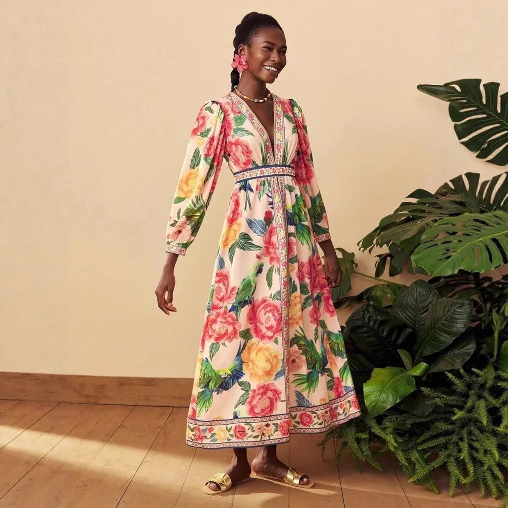 Bohemian Lantern Sleeve Midi Dress - V-Neck Loose Fit Dress