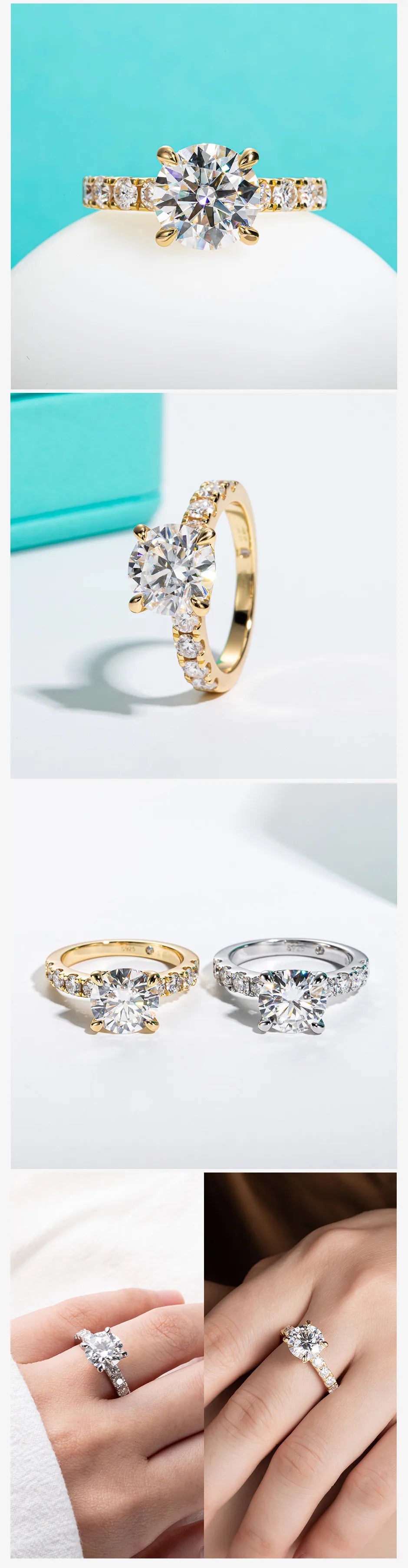 Collage of gold and silver rings with gemstones on a white background