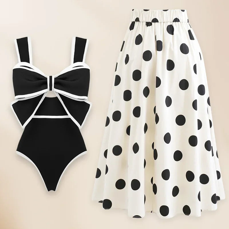 3D Bow-Tie Decor Swimsuit - Black and White Beachwear