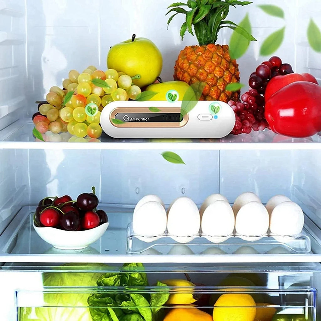 Refrigerator with fresh fruits, vegetables, and eggs, featuring an air purifier.