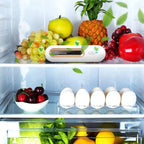 Refrigerator with fresh fruits, vegetables, and eggs, featuring an air purifier.