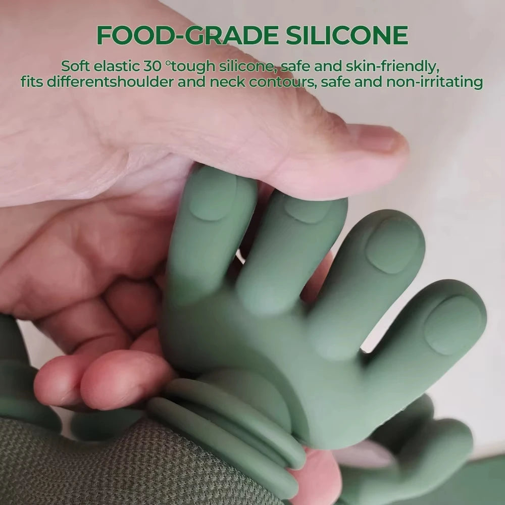 Silicone neck massager held by a hand with text about food-grade silicone.