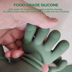Silicone neck massager held by a hand with text about food-grade silicone.