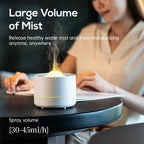 Person using a humidifier with text about large volume of mist and spray volume.