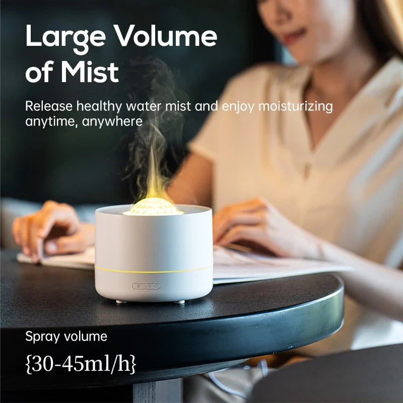 Person using a humidifier with text about large volume of mist and spray volume.