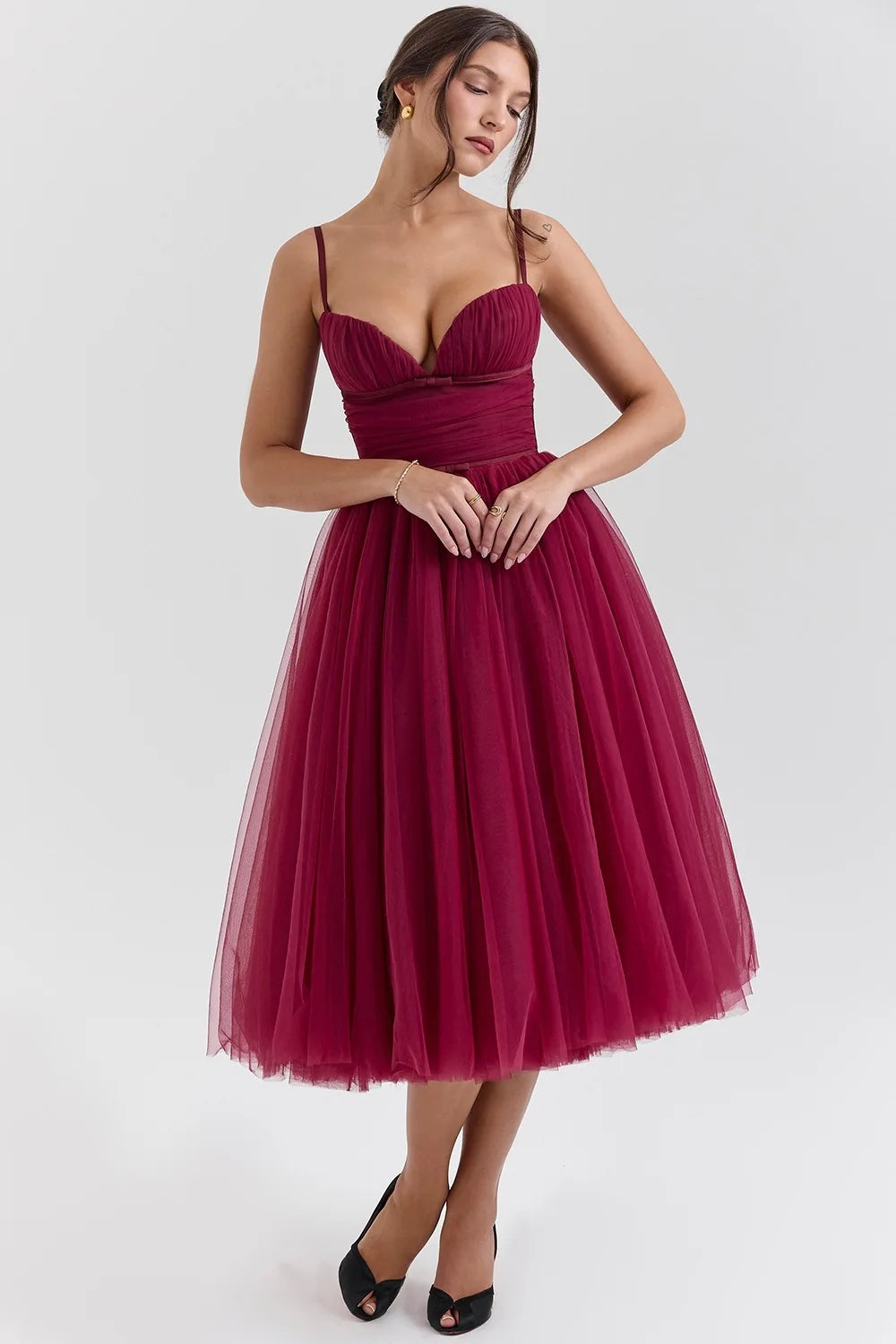 Pleated Ball Gown Midi Dress - Cottagecore Style