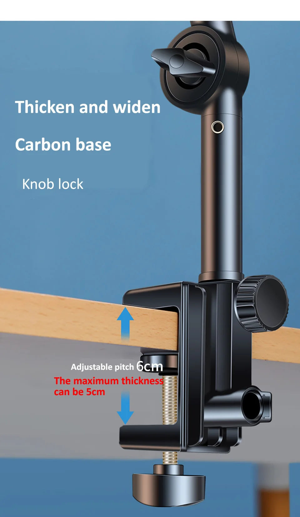 Clamp with carbon base and adjustable pitch feature on a blue background