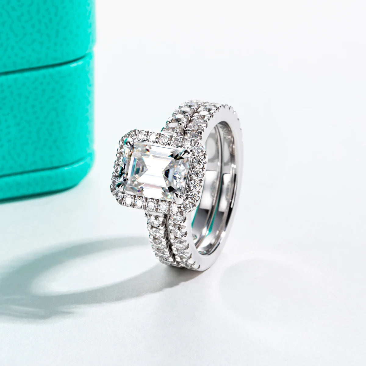 3ct Emerald Cut D-Color Moissanite Halo Bridal Ring Set - 925 Sterling Silver