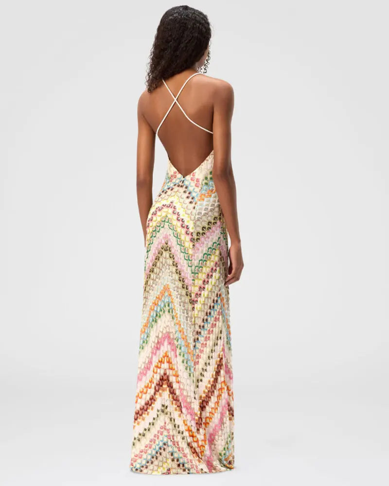 Crochet Halter Maxi Dress - V-Neck Backless Knit Dress