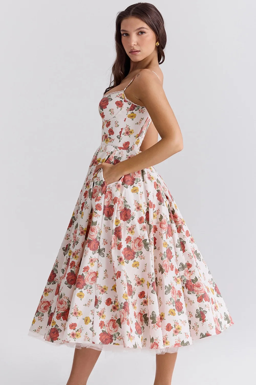 Floral Print Tulle Corset Midi Dress - Cottagecore Style