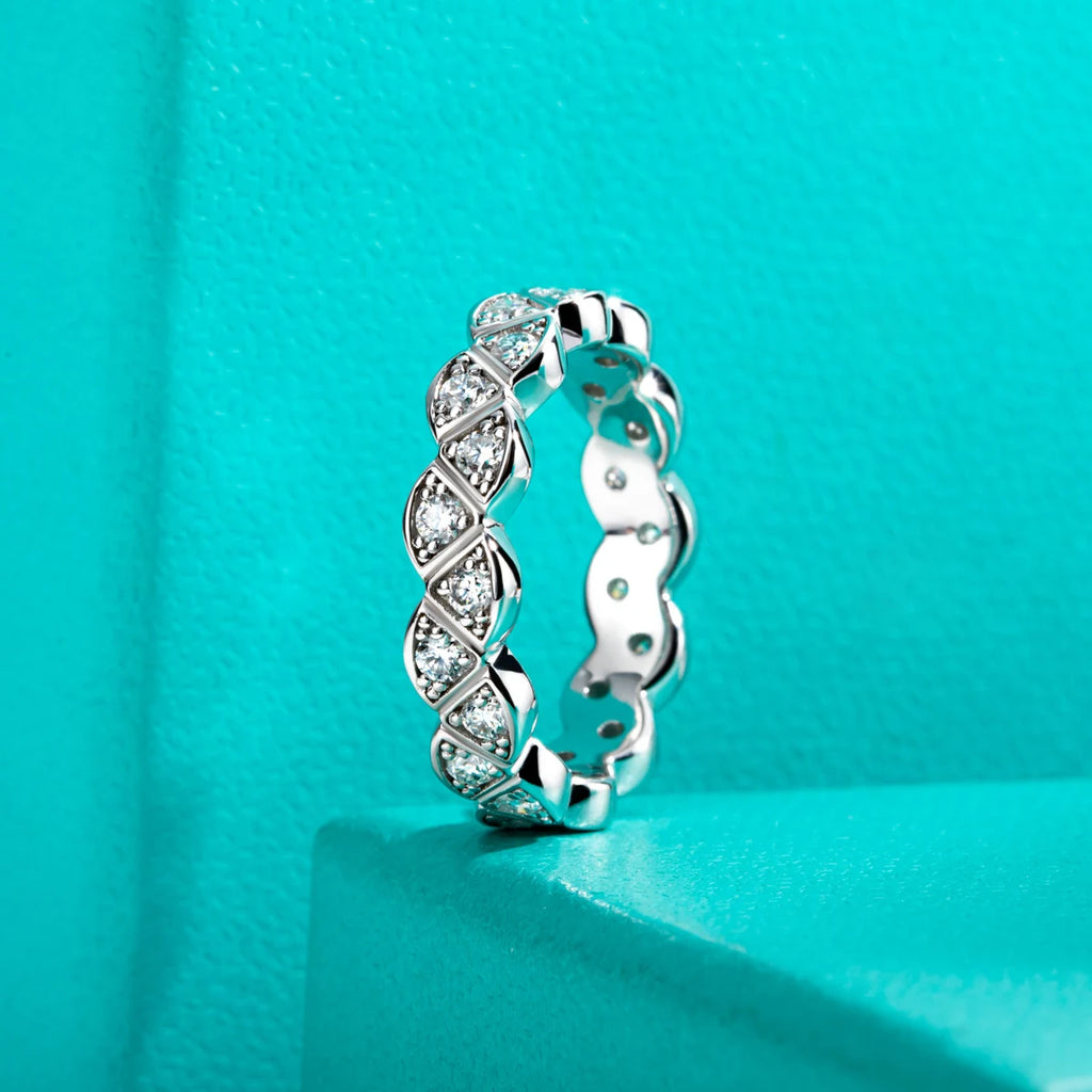 D Color Moissanite Leaf Eternity Band - 925 Sterling Silver Bezel Set Wedding Ring