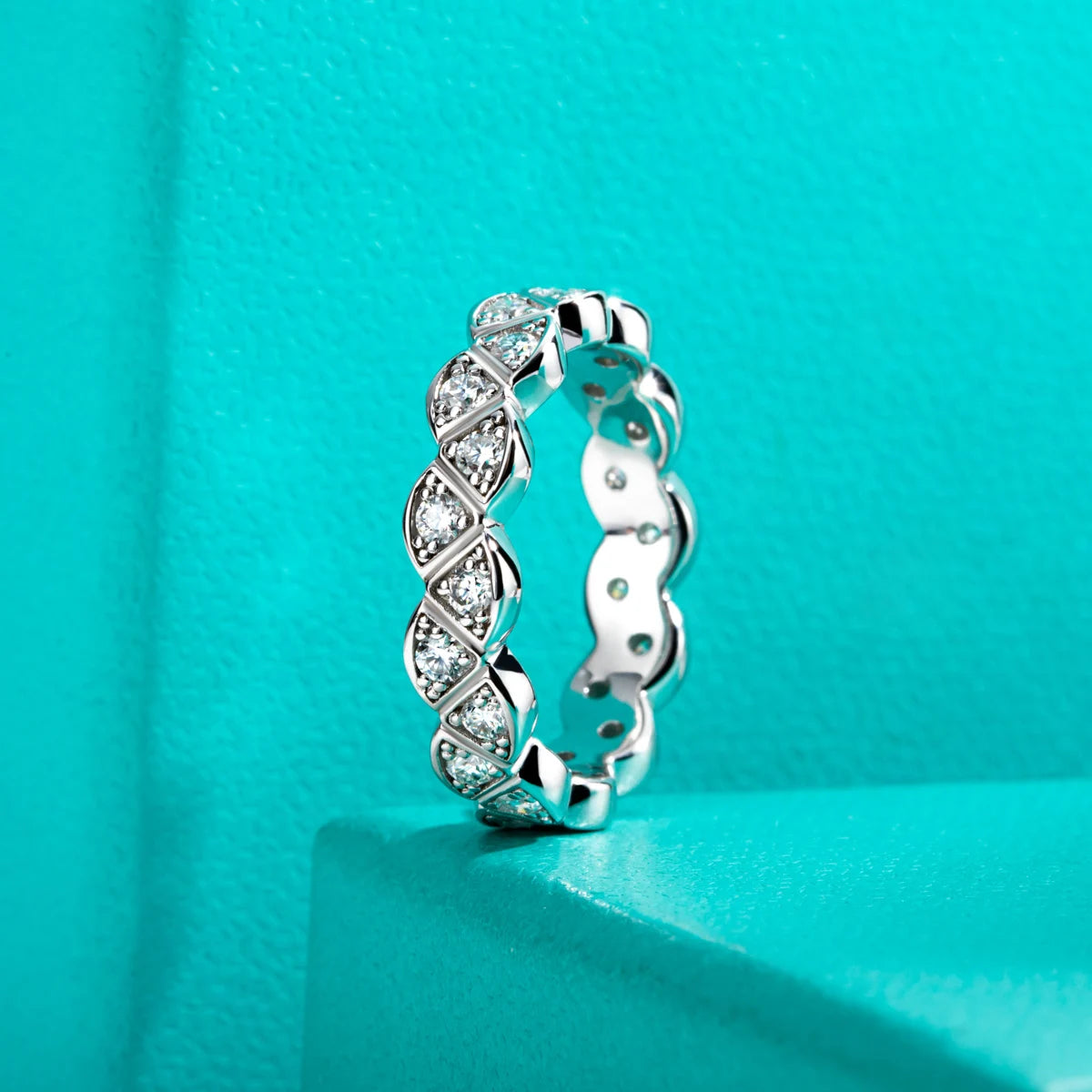 D Color Moissanite Leaf Eternity Band - 925 Sterling Silver Bezel Set Wedding Ring